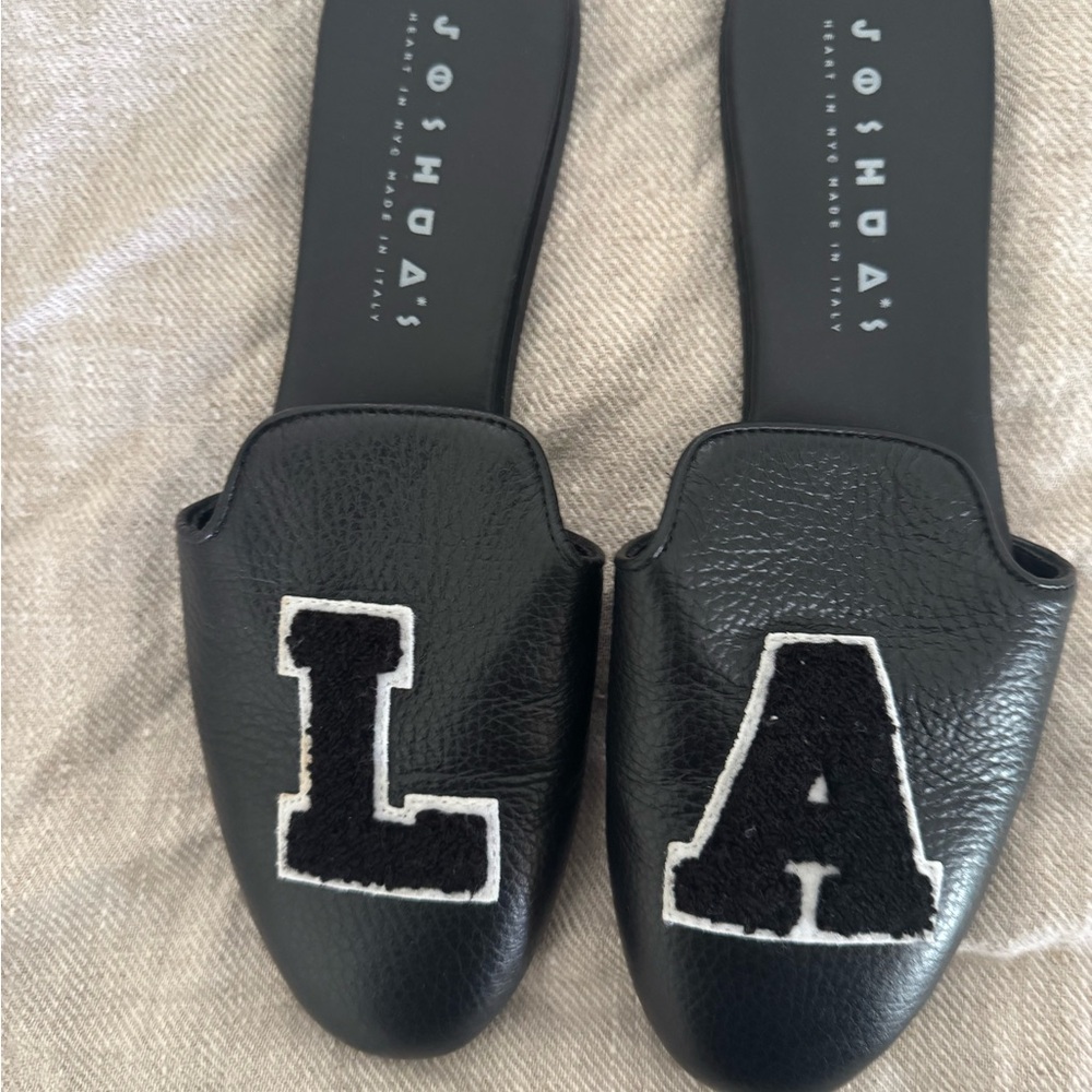 Black Leather Mules with Varsity Lettering